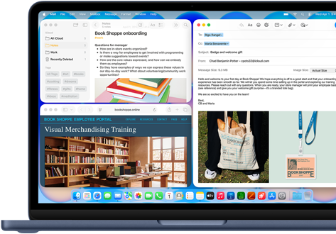 MacBook Neo v barvě indigo, rozepsaný uvítací e‑mail pro nového zaměstnance knihkupectví, ostatní okna uspořádaná do dlaždic zobrazují dokument o náboru v Poznámkách a zaměstnanecký webový portál knihkupectví v Safari